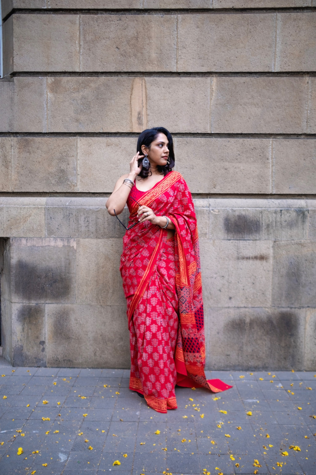 SHALMALI -  RED COTTON HAND BLOCK PRINT SAREE