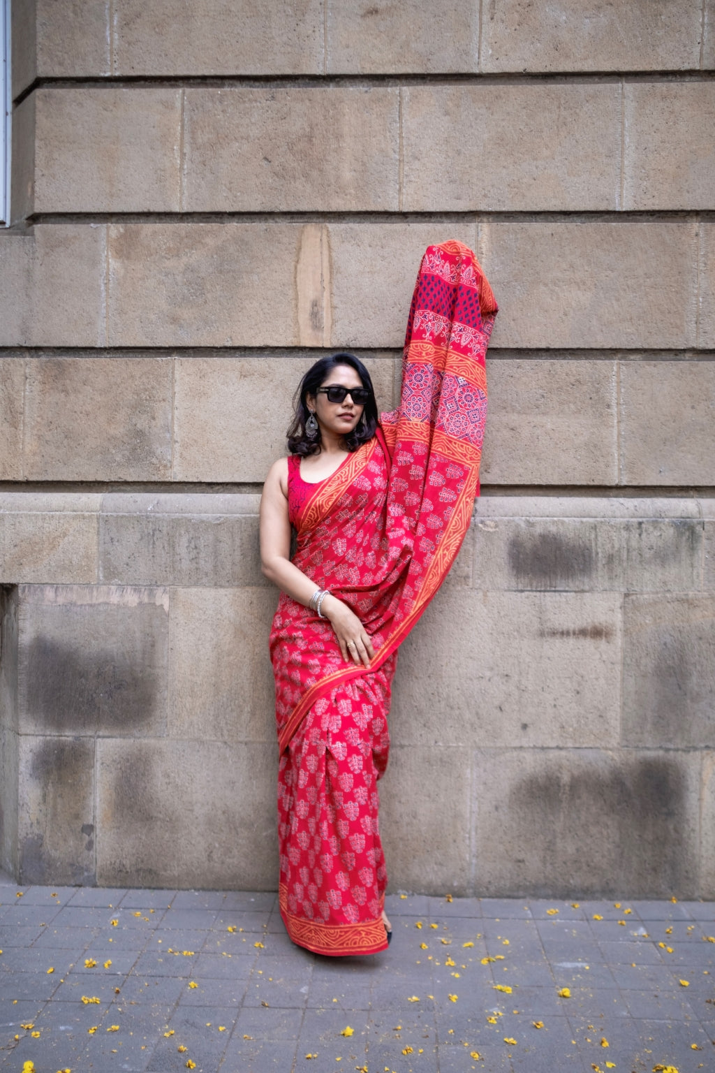 SHALMALI -  RED COTTON HAND BLOCK PRINT SAREE