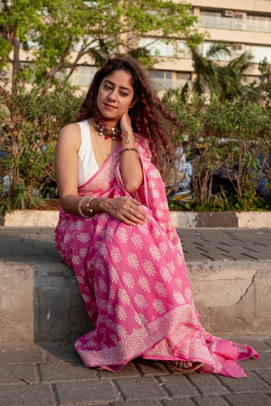 Kaamini Pink Cotton Handblock Print Saree