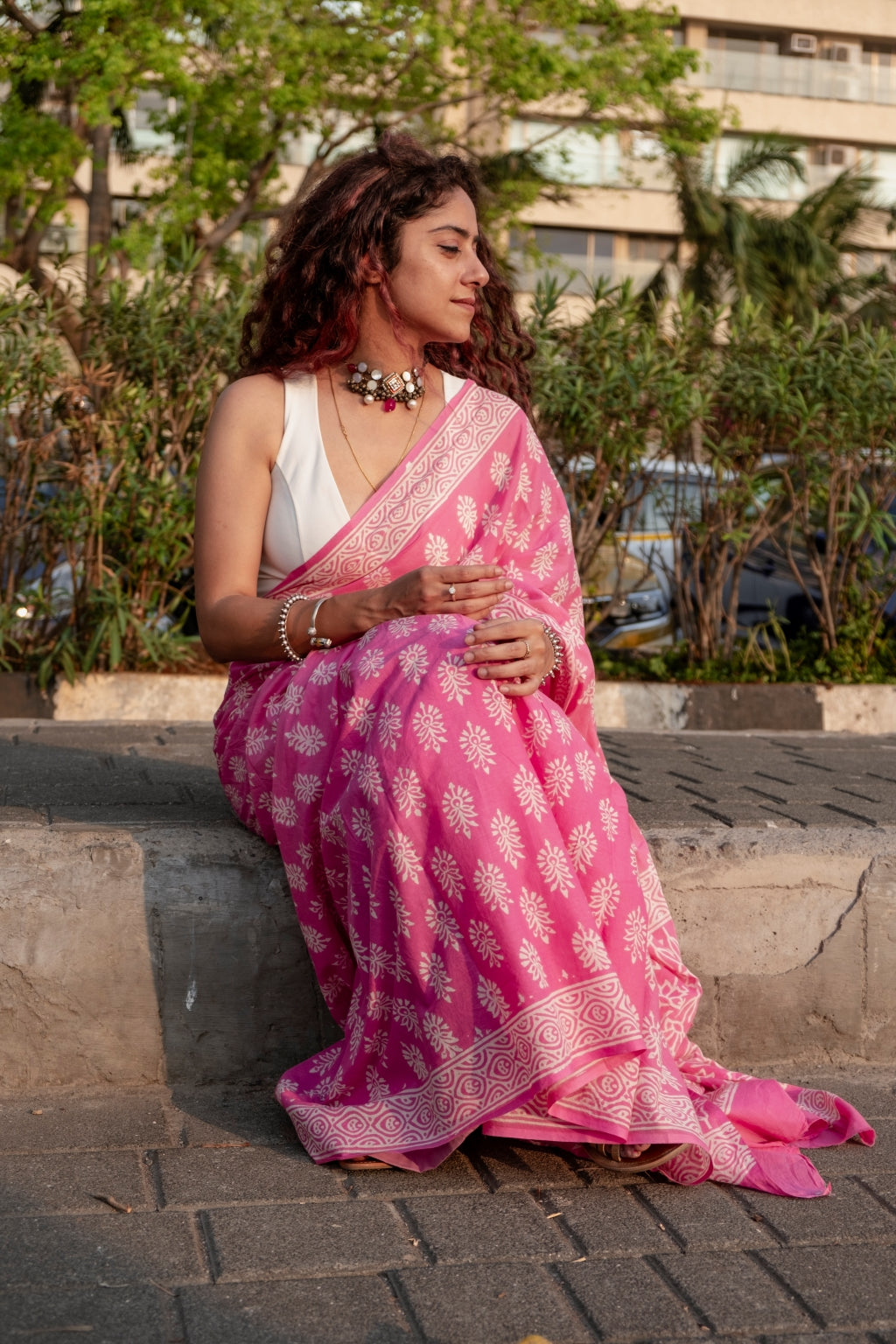 Kaamini Pink Cotton Handblock Print Saree