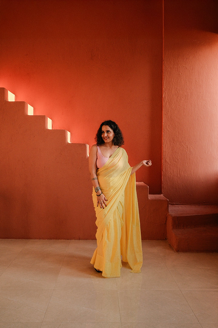 Vrinda Yellow Mul Cotton Saree