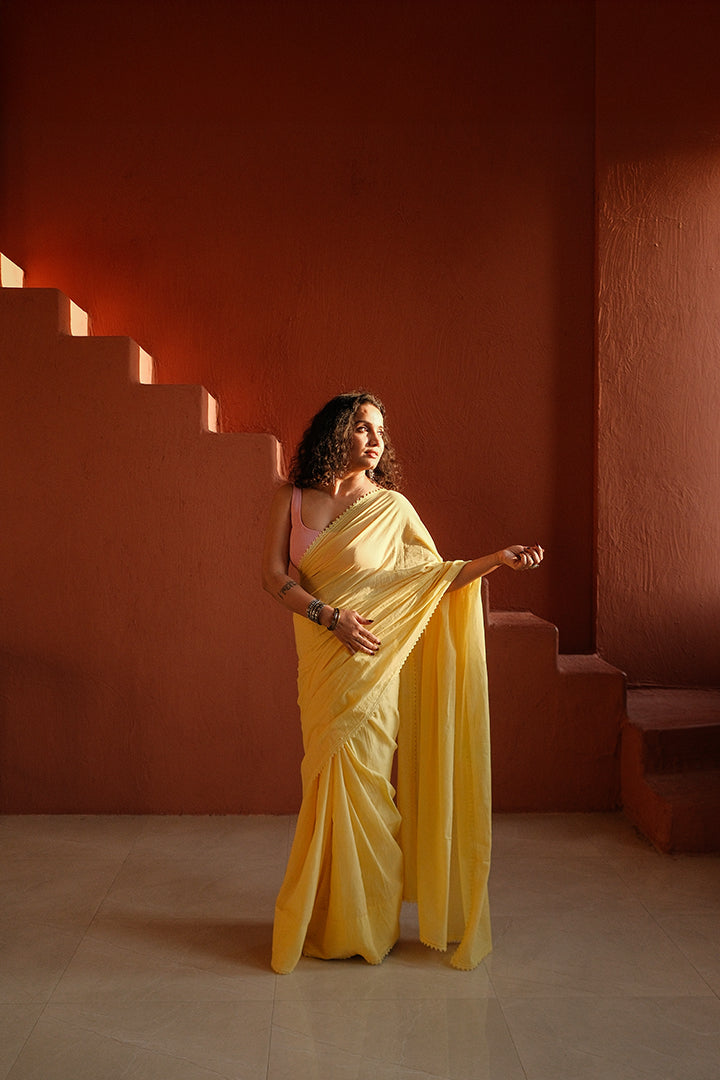 Vrinda Yellow Mul Cotton Saree