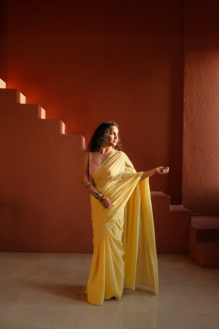Vrinda Yellow Mul Cotton Saree